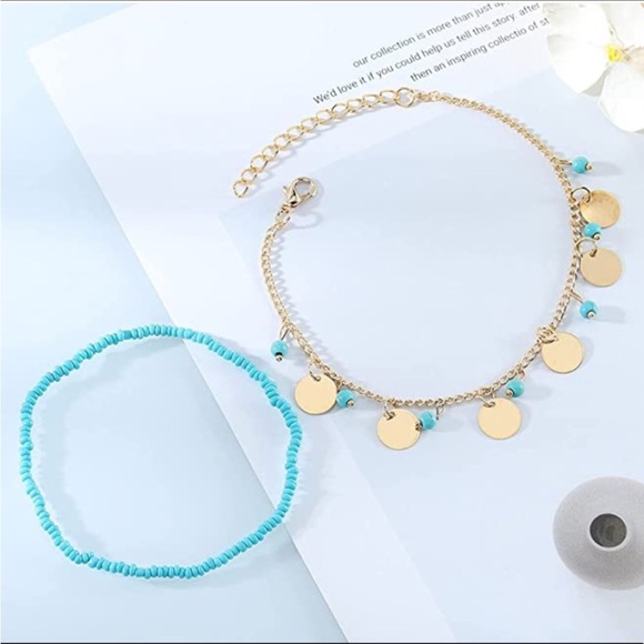 💸FINAL PRICE DROP🌺NWT 2pc Gold Disc & Turquoise Beaded Boho Anklet🌺 - Picture 2 of 12